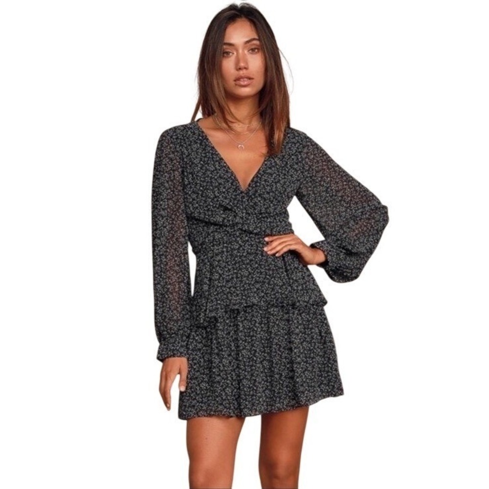 Lulus Black Mini Dress Twist Front Ruffle Sheer Sleeve Ditsy Floral Coquette  XS